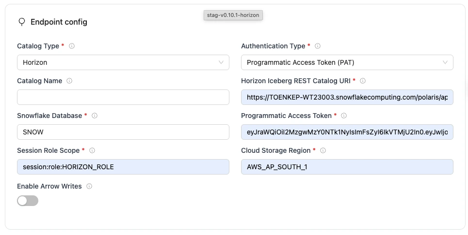 REST endpoint config form with required fields for Horizon Iceberg database connection.