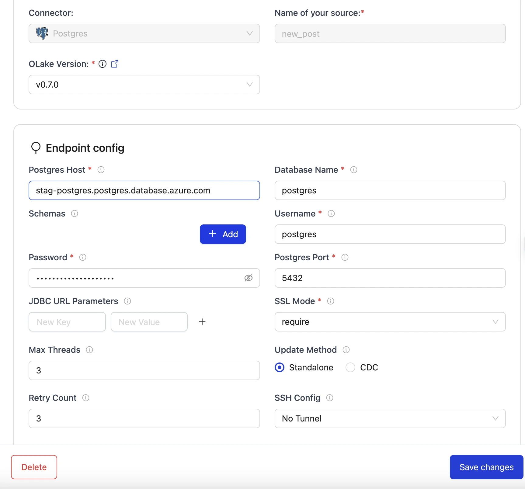 Form for creating a Postgres source in OLake, showing fields for endpoint configuration, authentication, and connection options