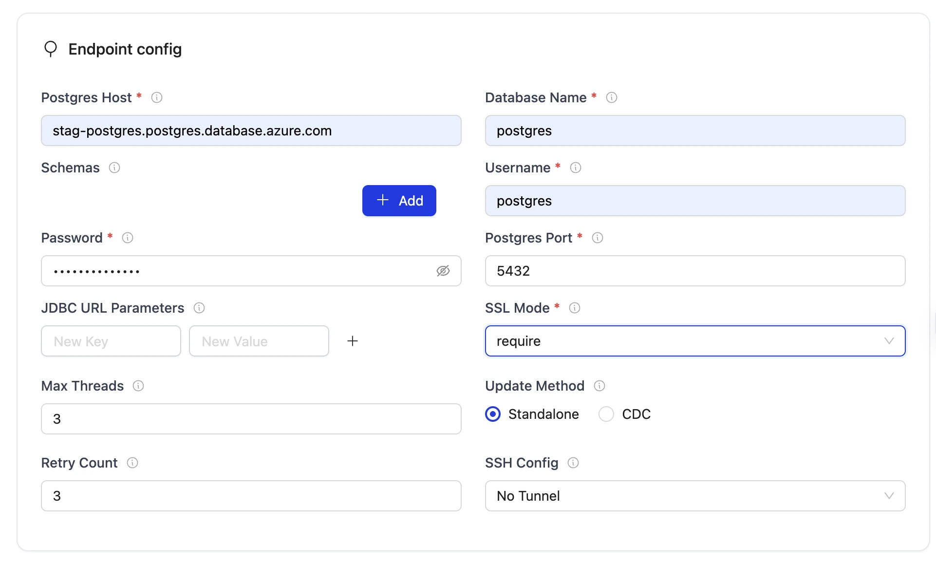 Form for creating a Postgres source in OLake Go, showing fields for endpoint configuration, authentication, and connection options