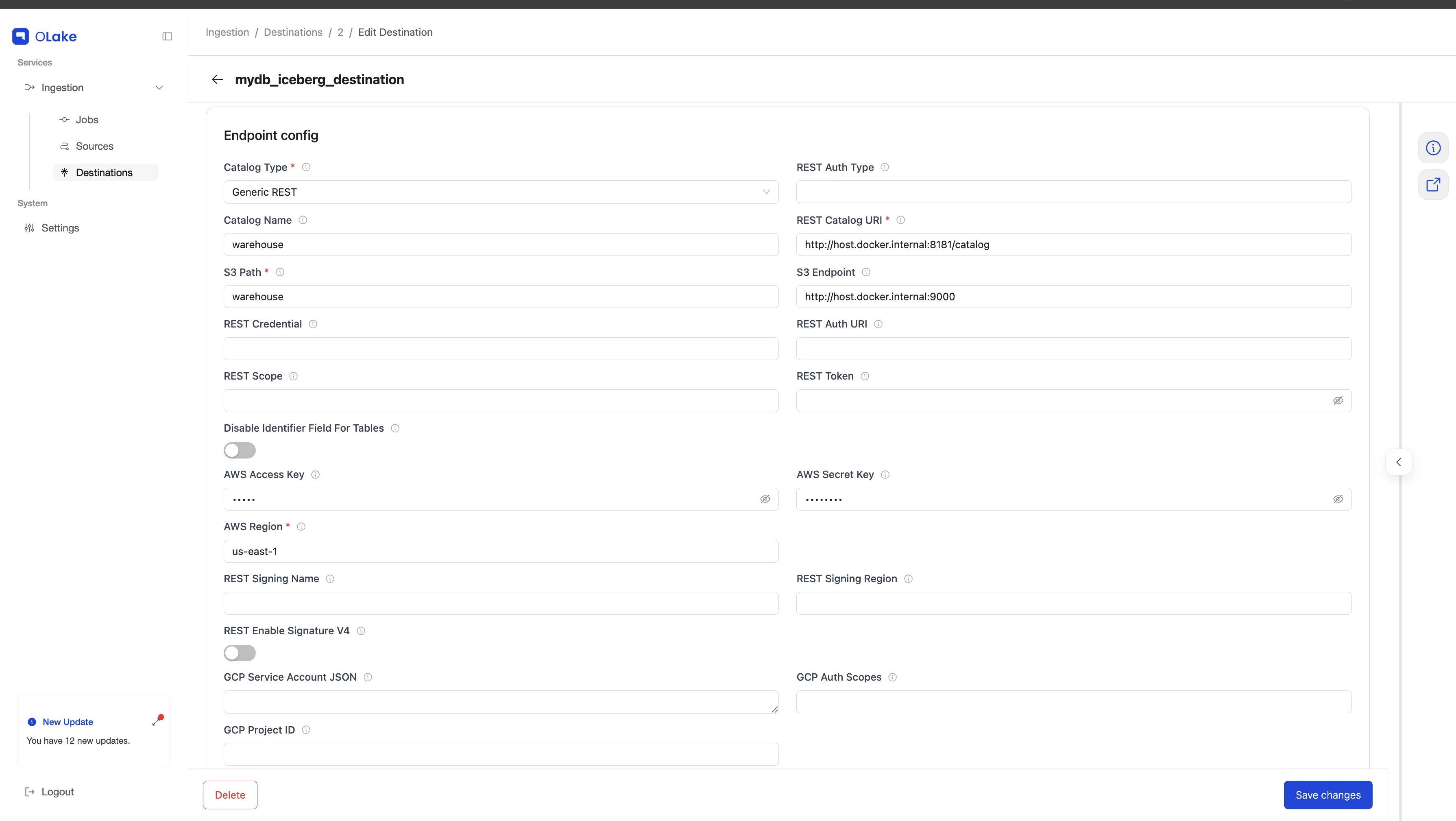 Apache Iceberg destination configuration in the OLake UI