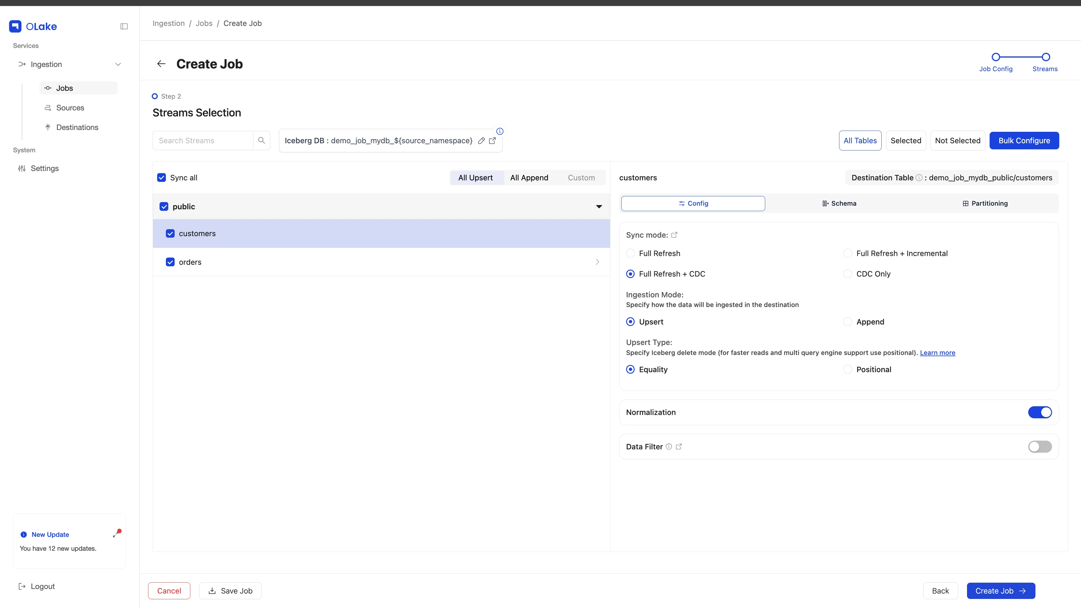 Creating an OLake job with PostgreSQL source and Iceberg destination