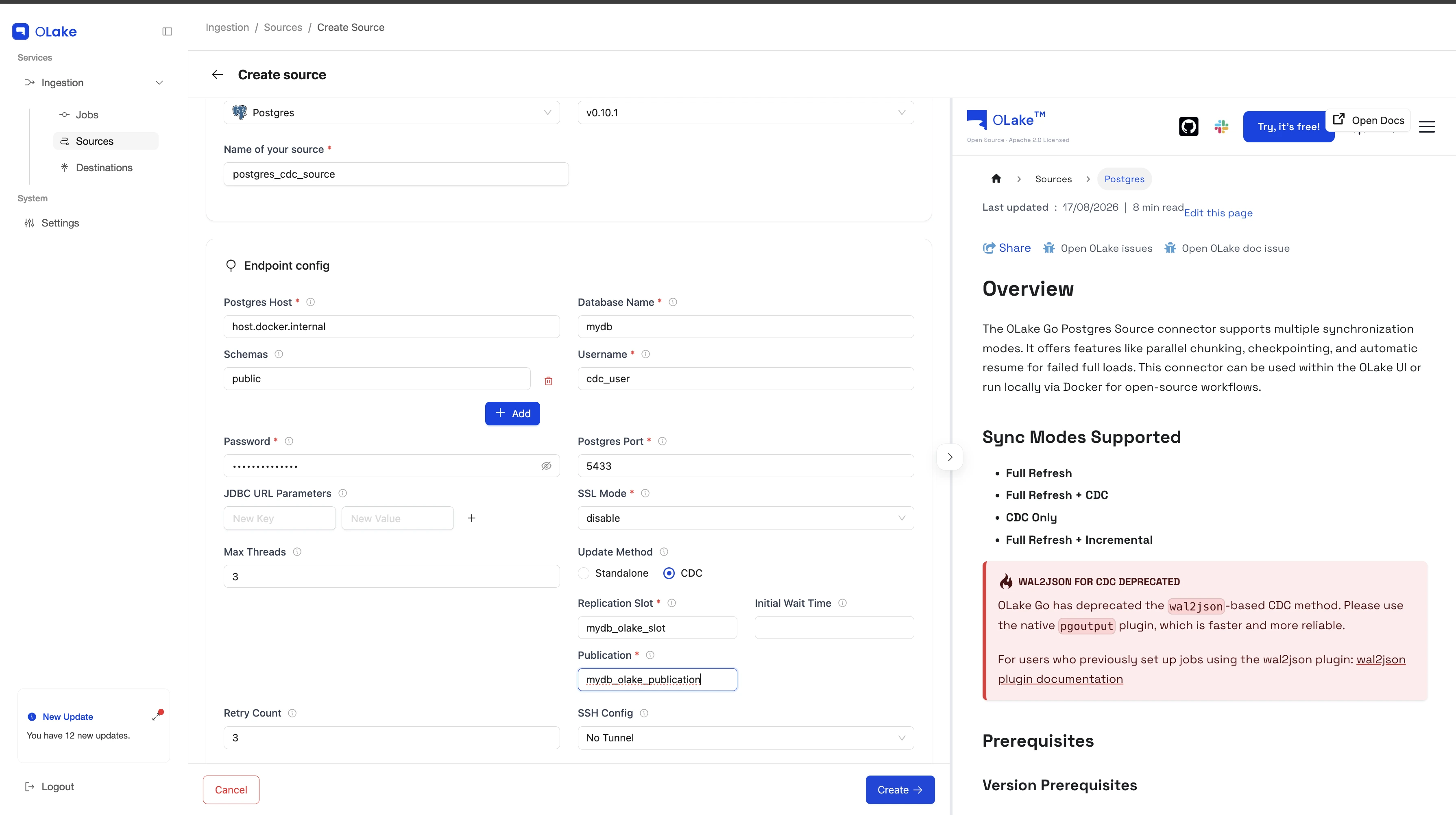 PostgreSQL source configuration in the OLake UI