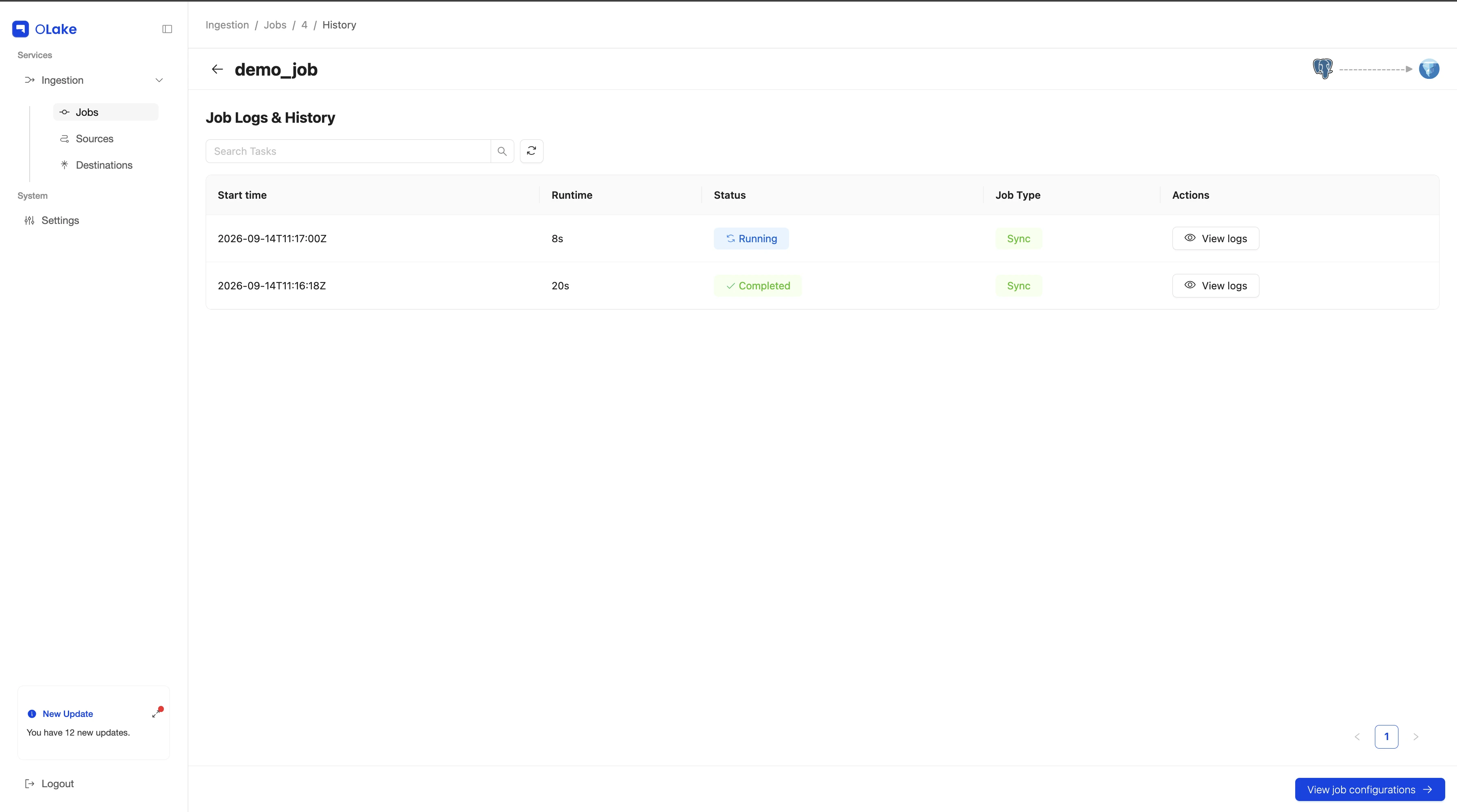 OLake sync running and job history for the PostgreSQL to Iceberg pipeline