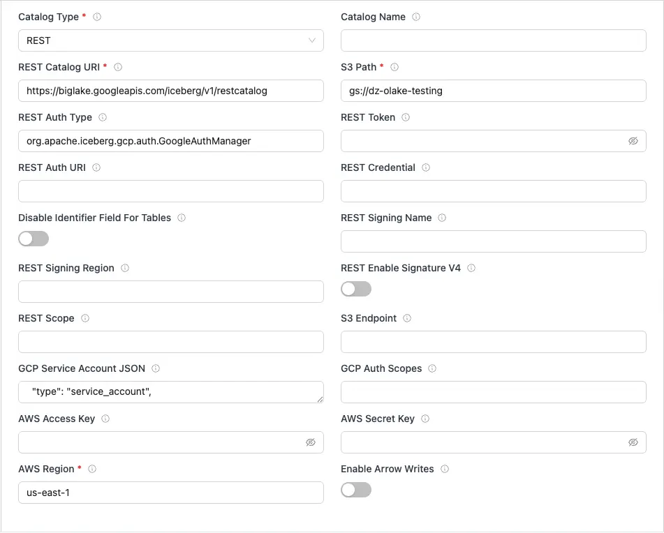 REST endpoint config form with required fields for Iceberg database connection.