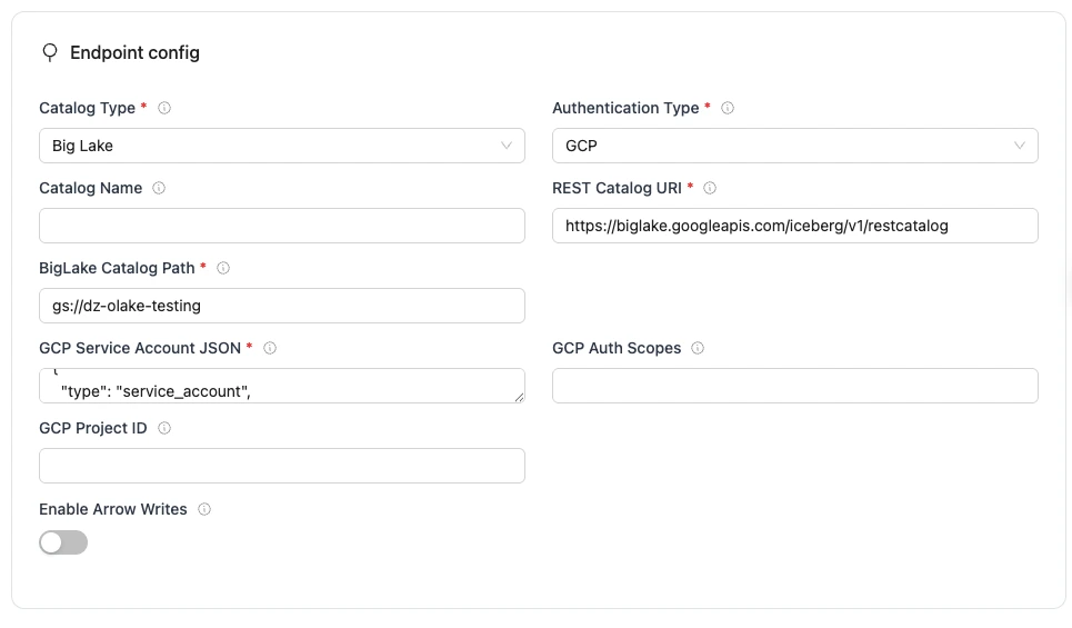 REST endpoint config form with required fields for Iceberg database connection.