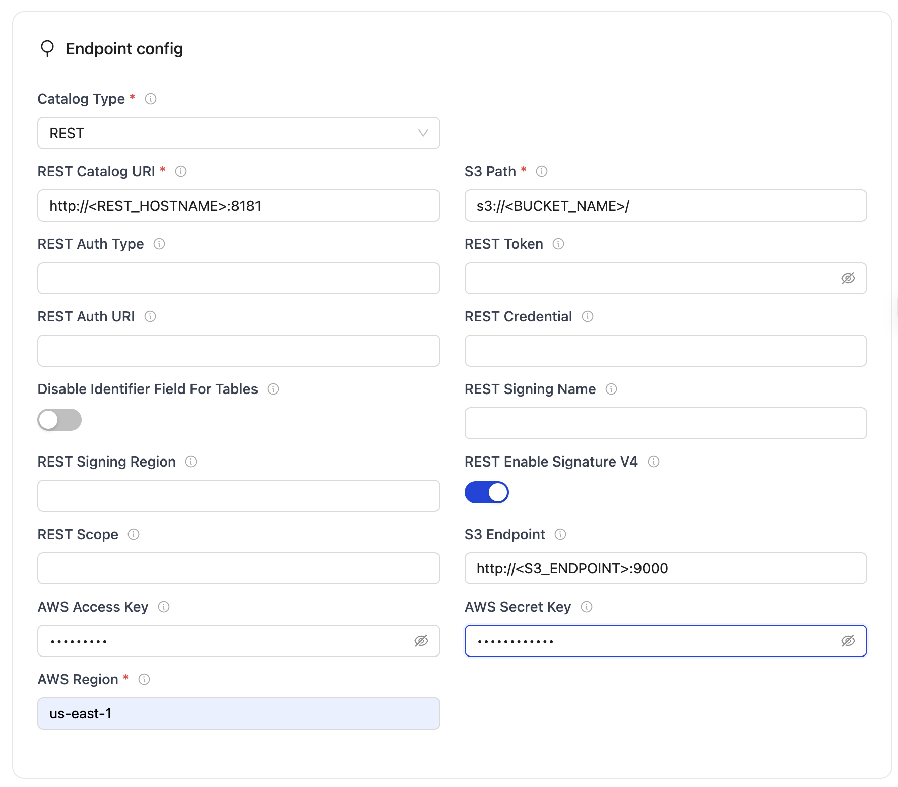 REST catalog setup form with required fields for catalog type, URIs, database, S3 path, AWS credentials, and region.