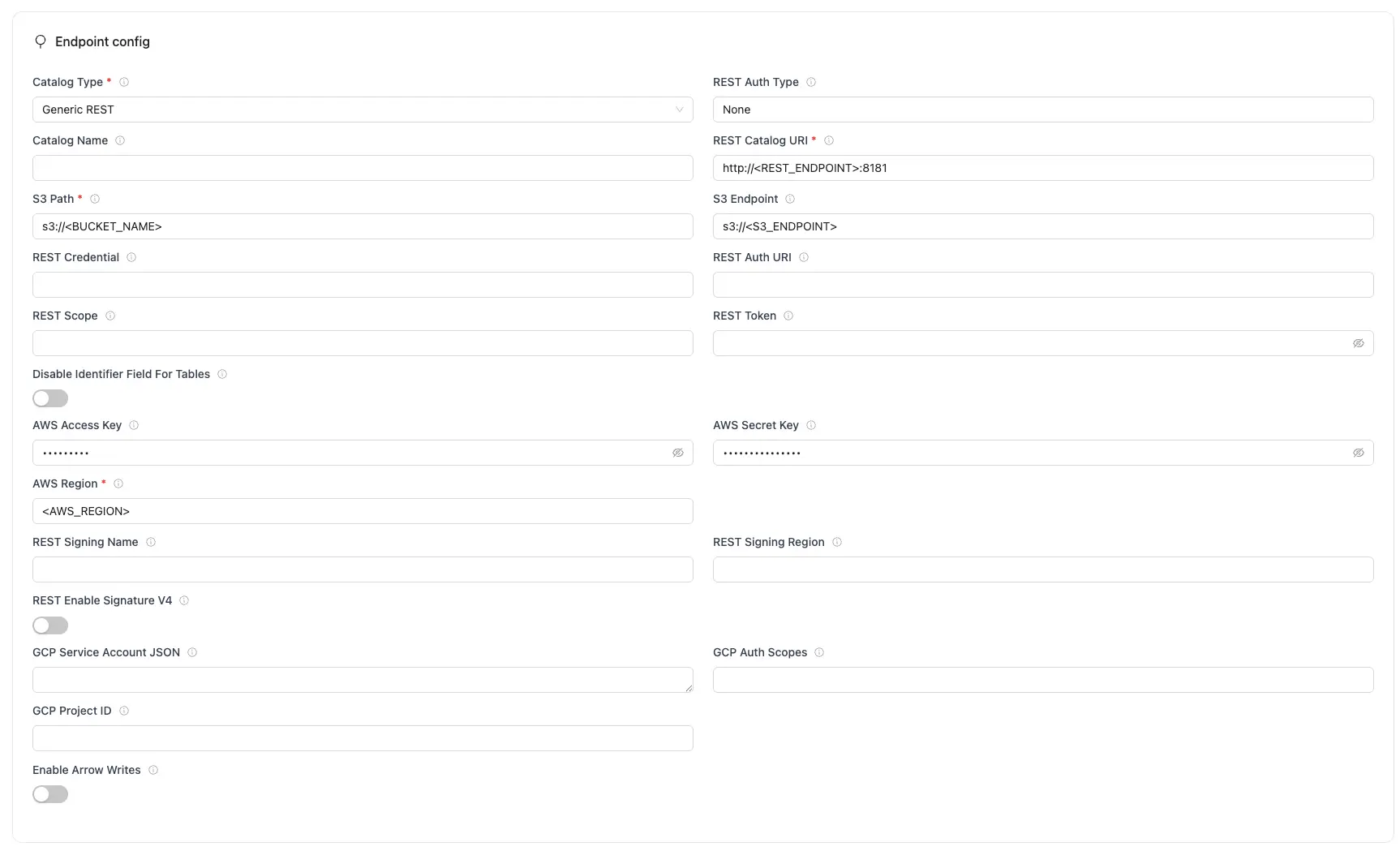 REST catalog setup form with required fields for catalog type, URIs, database, S3 path, AWS credentials, and region.