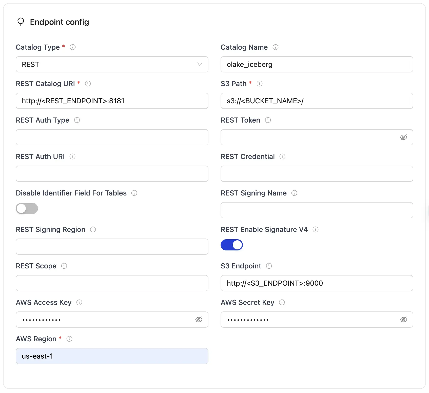 REST catalog setup form with required fields for catalog type, URIs, database, S3 path, AWS credentials, and region.