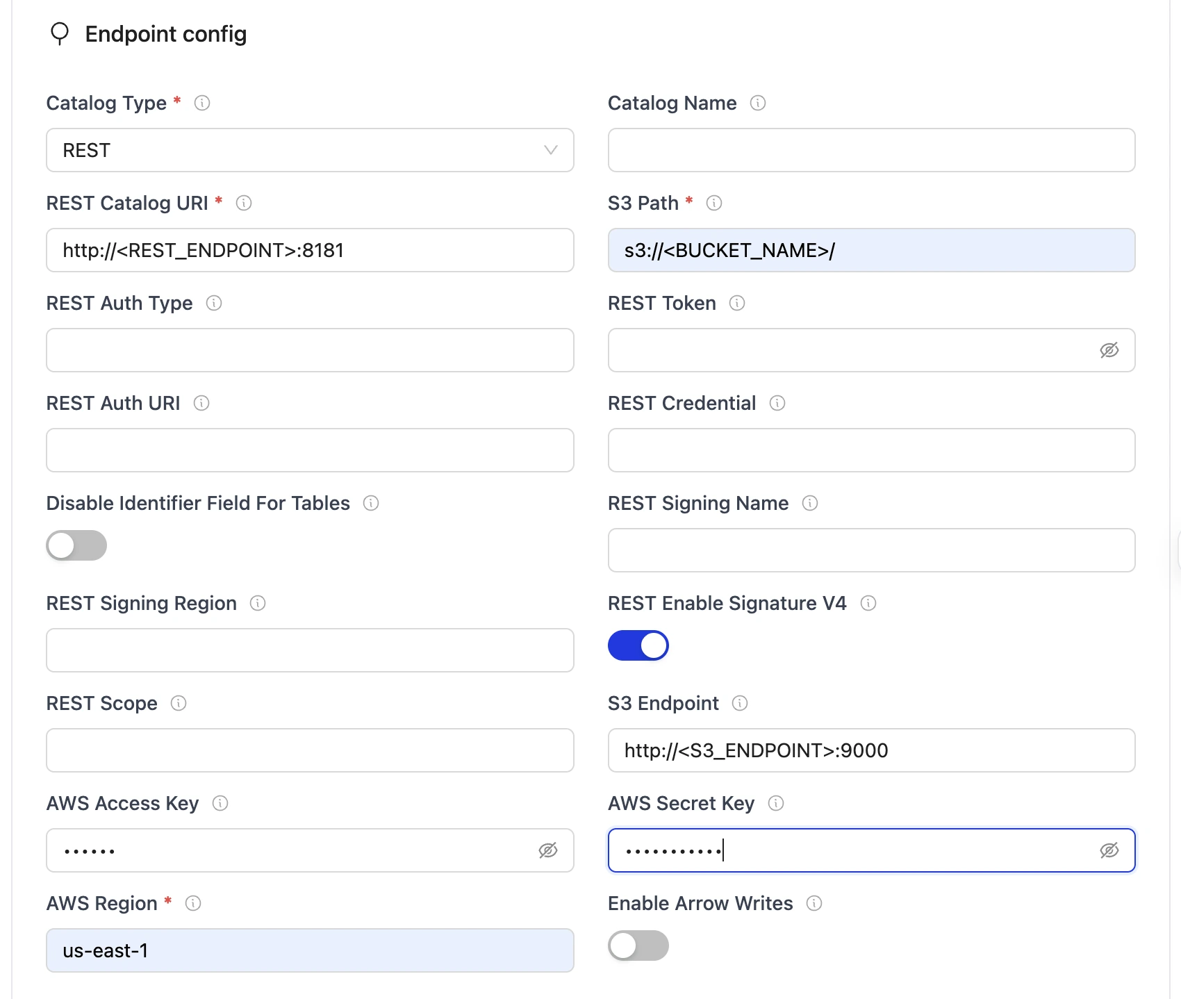 REST catalog setup form with required fields for catalog type, URIs, database, S3 path, AWS credentials, and region.