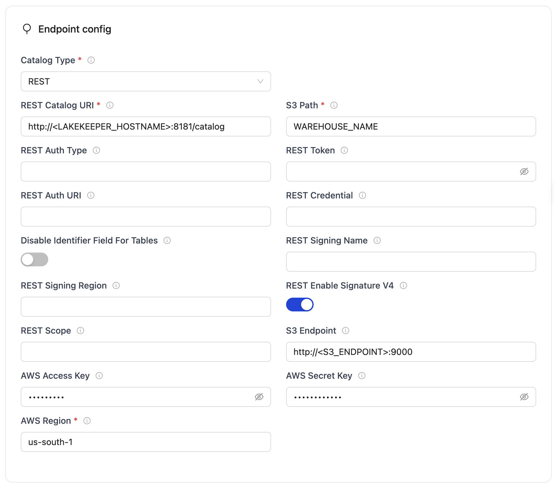 REST endpoint config form with required fields for Iceberg database connection.