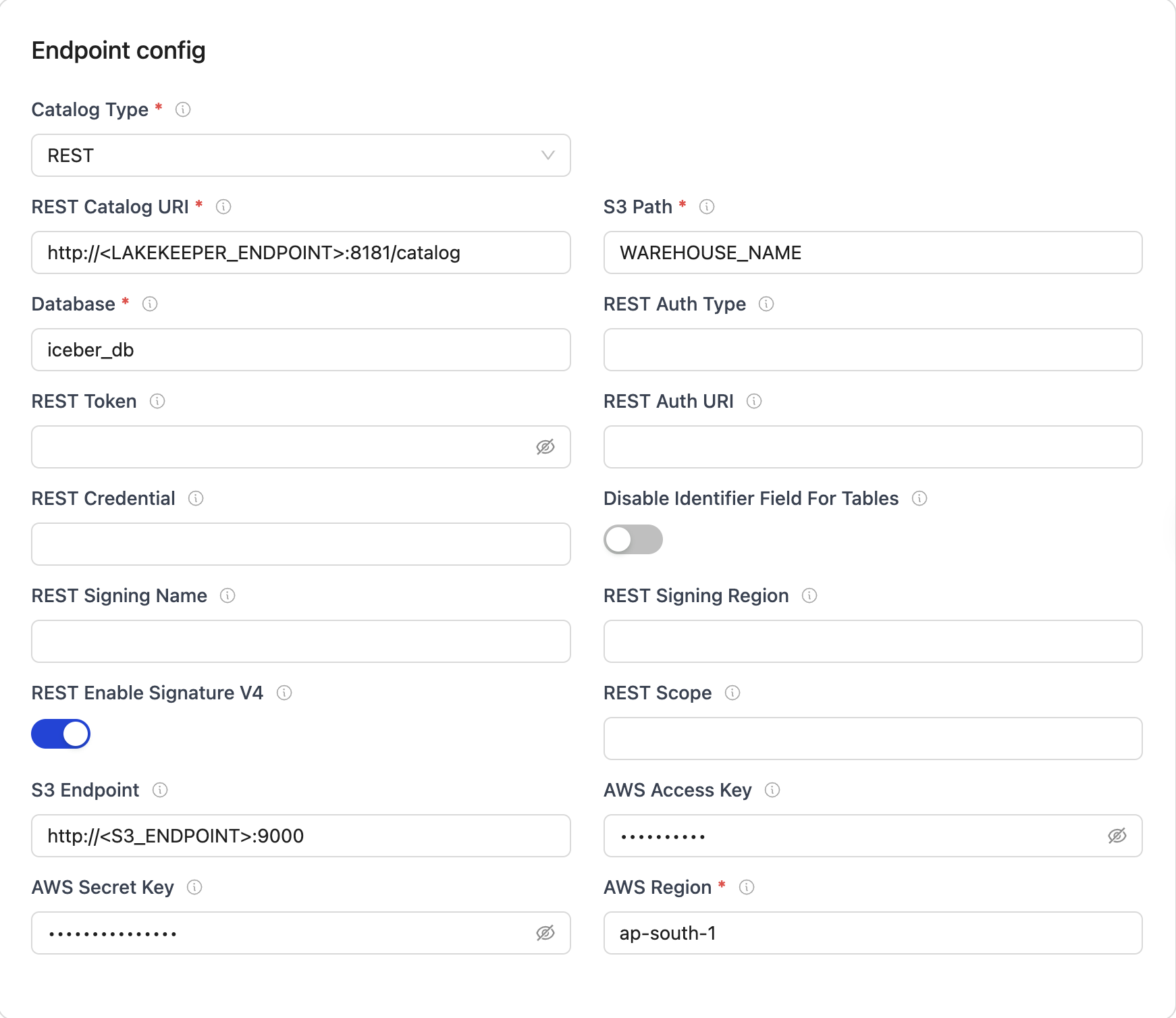 REST endpoint config form with required fields for Iceberg database connection.