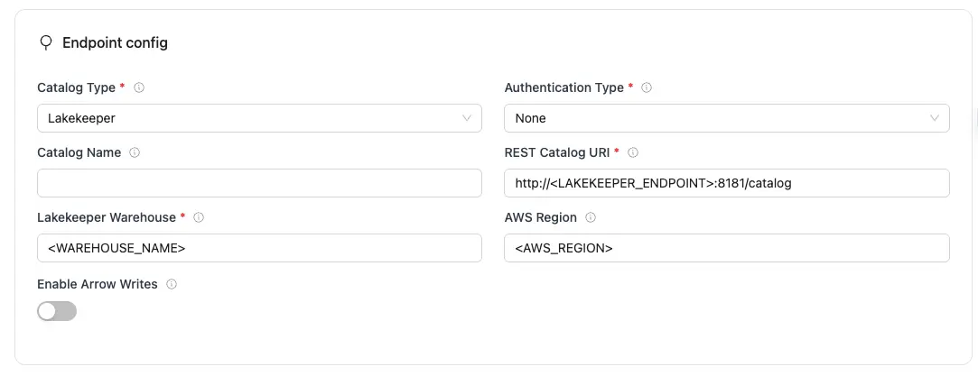 REST endpoint config form with required fields for Iceberg database connection.