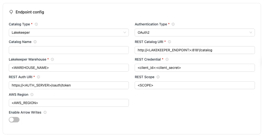 REST endpoint config form with required fields for Iceberg database connection.
