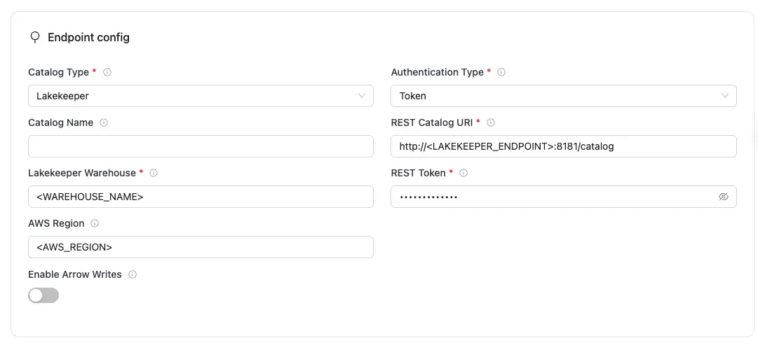 REST endpoint config form with required fields for Iceberg database connection.