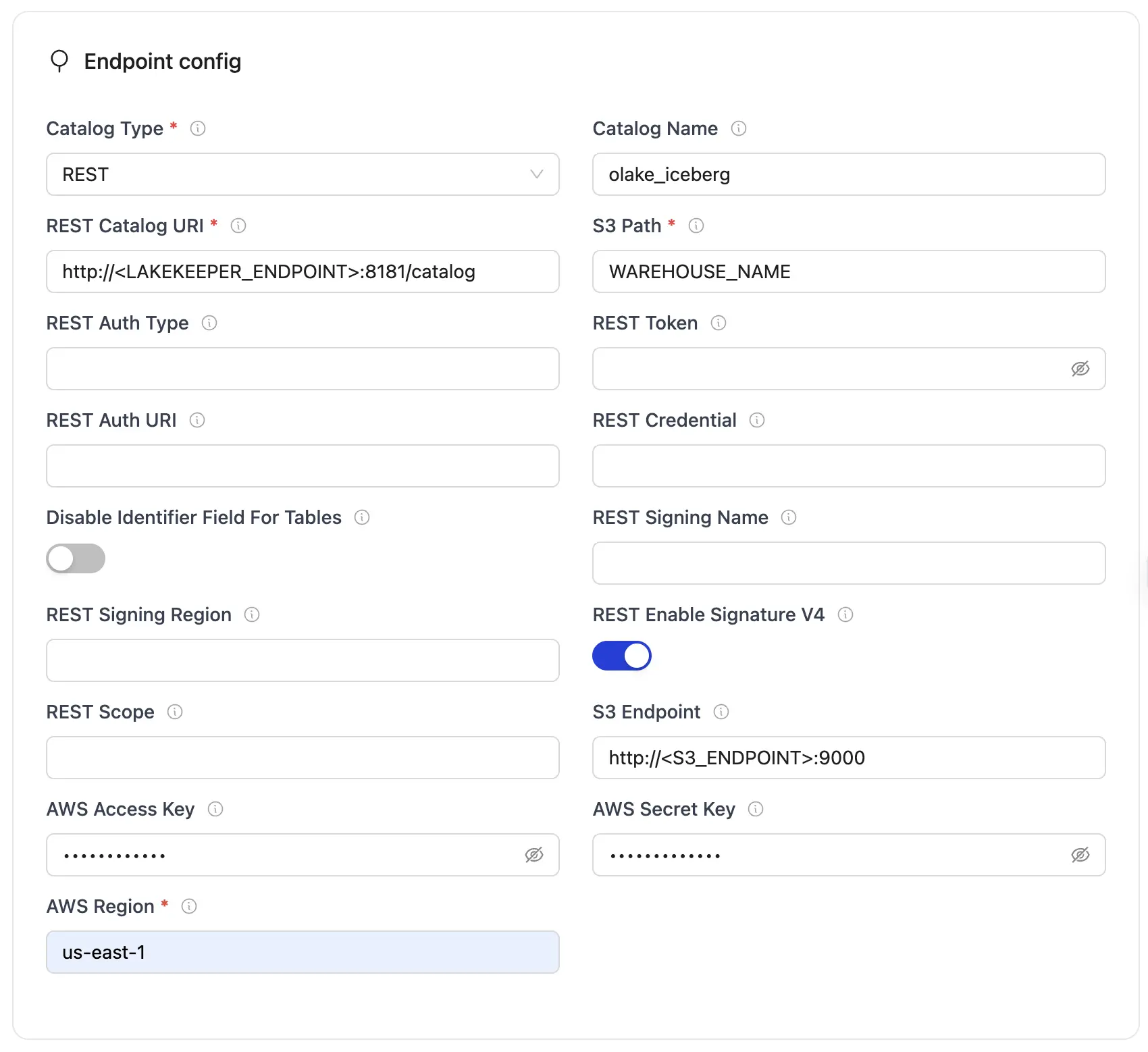 REST endpoint config form with required fields for Iceberg database connection.