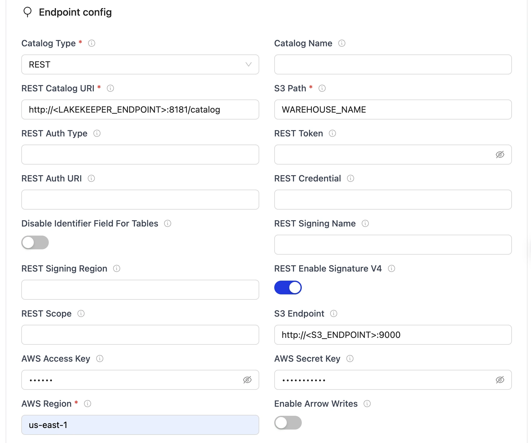 REST endpoint config form with required fields for Iceberg database connection.