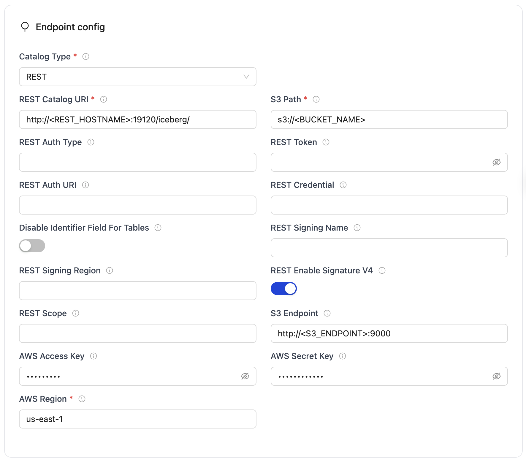 REST endpoint config form with required fields for Iceberg database connection.