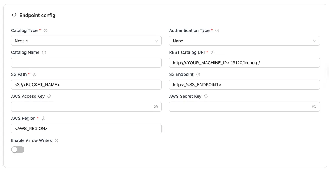 REST endpoint config form with required fields for Iceberg database connection.