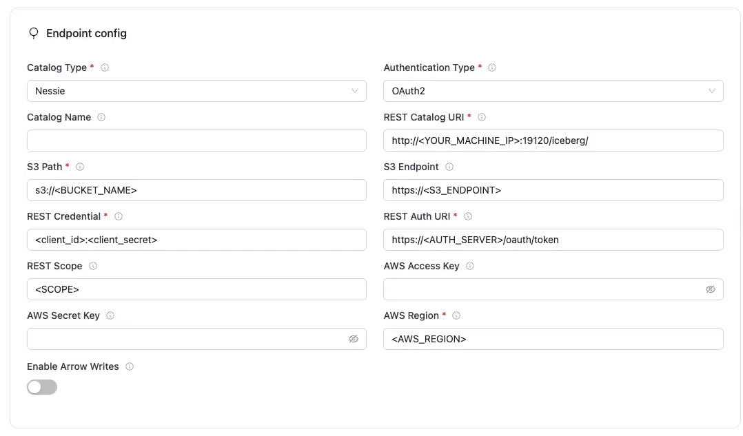 REST endpoint config form with required fields for Iceberg database connection.