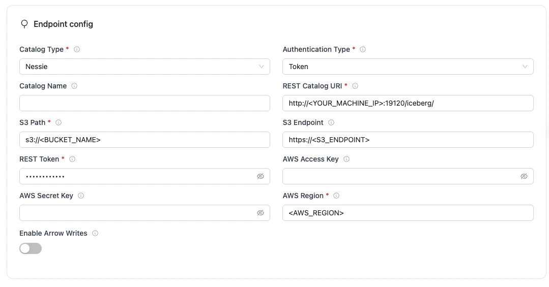 REST endpoint config form with required fields for Iceberg database connection.