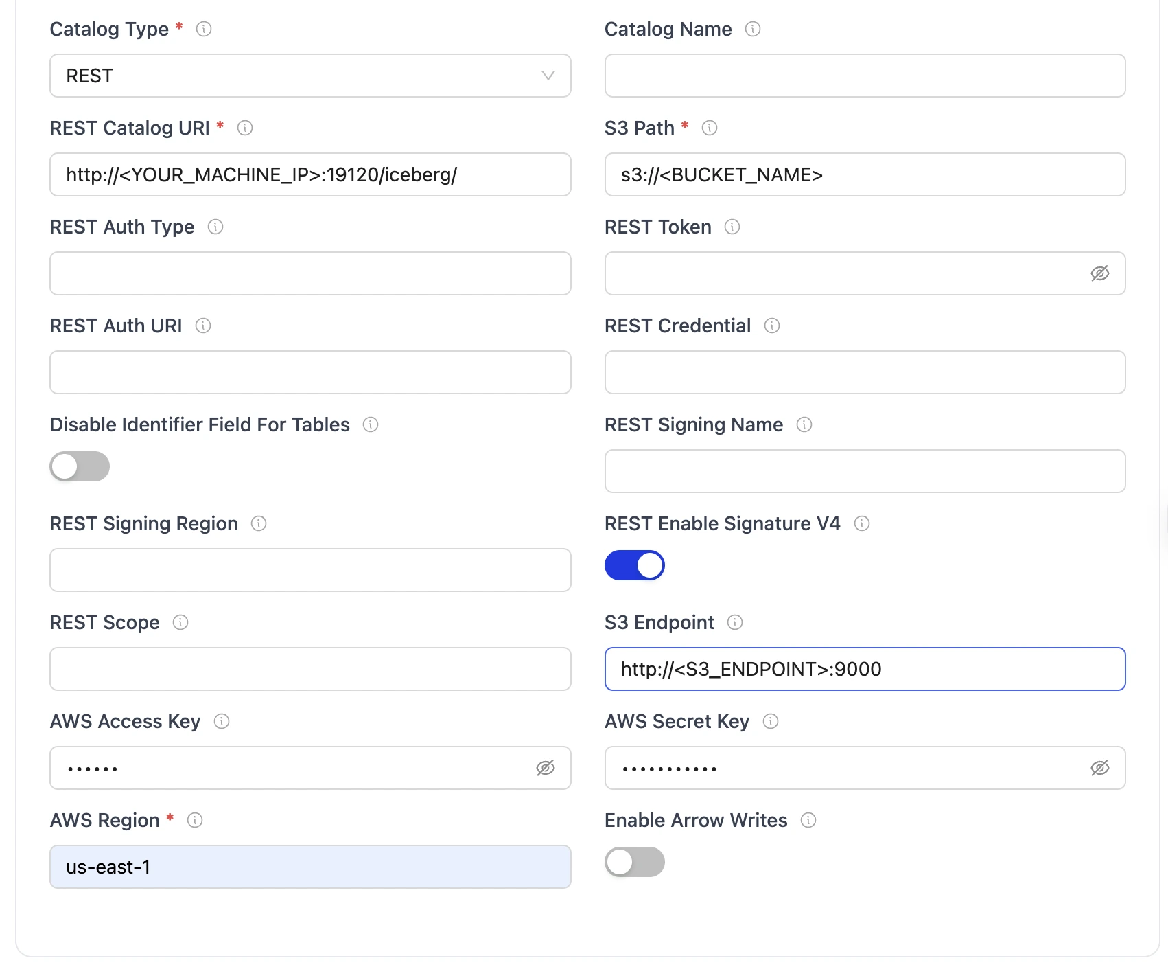 REST endpoint config form with required fields for Iceberg database connection.