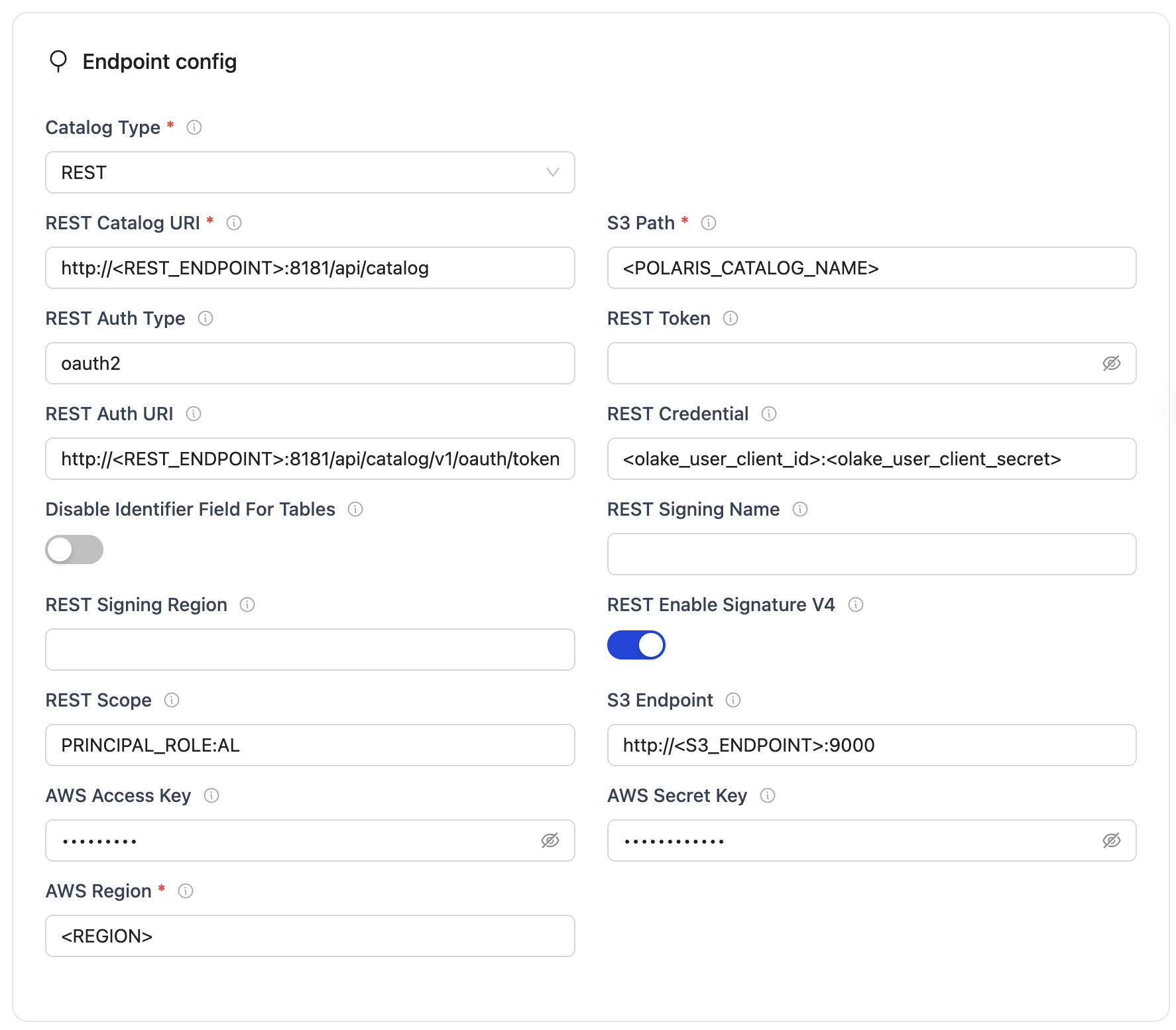 REST endpoint config form with fields for REST, database, S3, and AWS credentials
