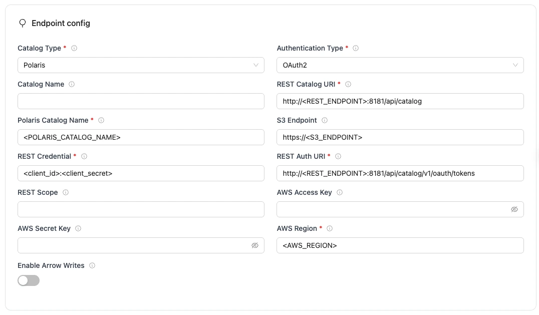 REST endpoint config form with fields for REST, database, S3, and AWS credentials