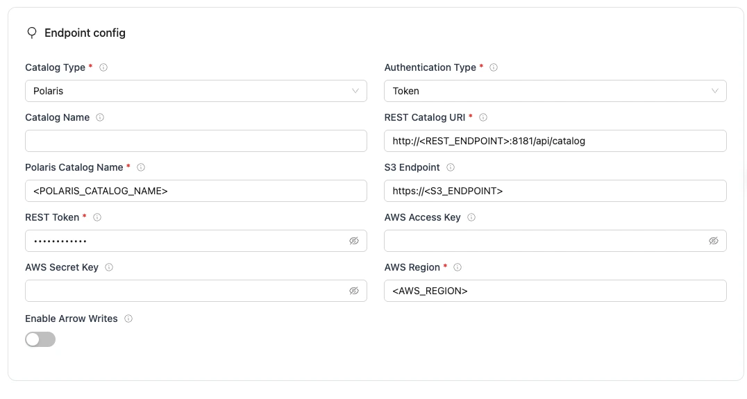 REST endpoint config form with fields for REST, database, S3, and AWS credentials