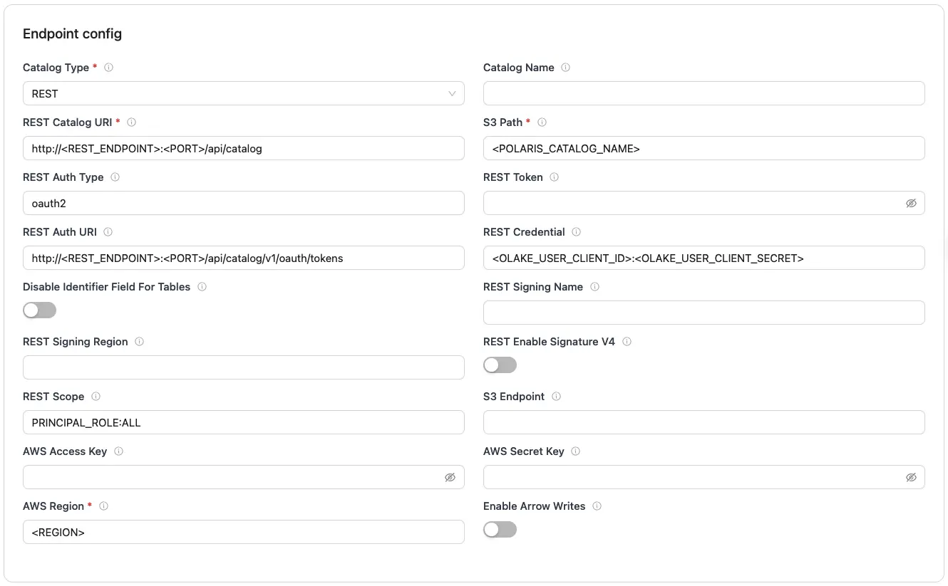 REST endpoint config form with fields for REST, database, S3, and AWS credentials