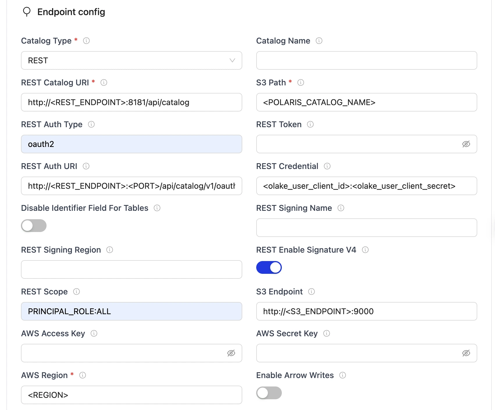 REST endpoint config form with fields for REST, database, S3, and AWS credentials
