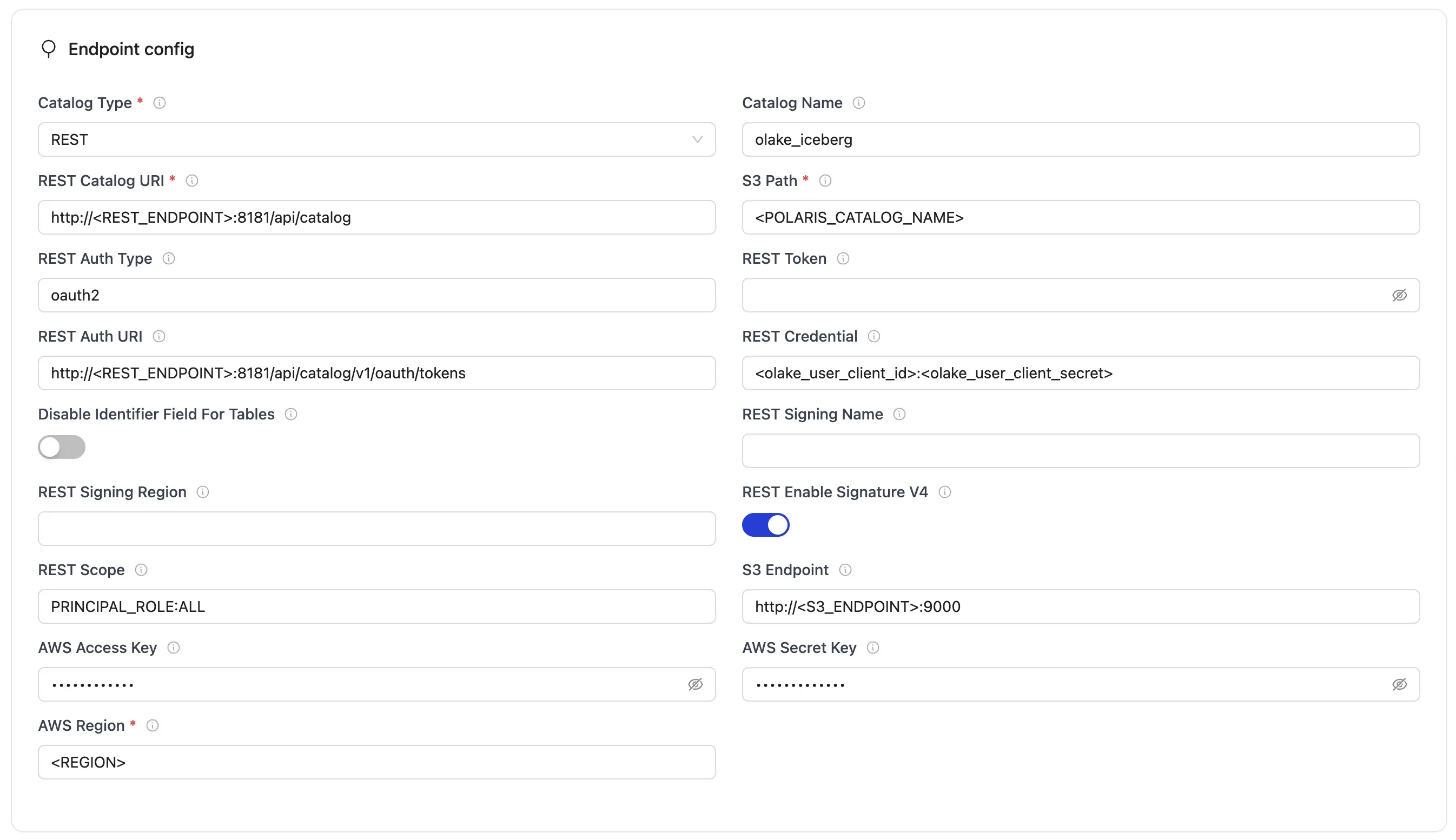 REST endpoint config form with fields for REST, database, S3, and AWS credentials