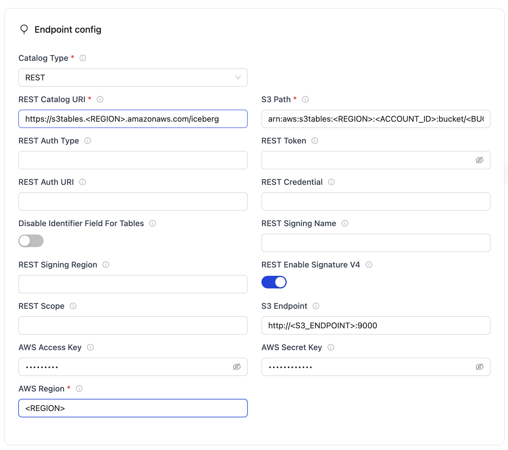 Iceberg REST config form with required fields for Catalog URI, S3 Path, database, AWS credentials, and region