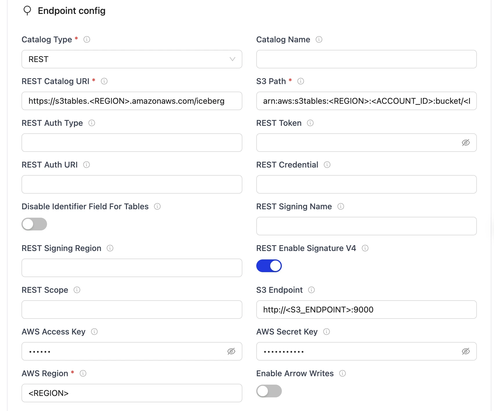 Iceberg REST config form with required fields for Catalog URI, S3 Path, database, AWS credentials, and region