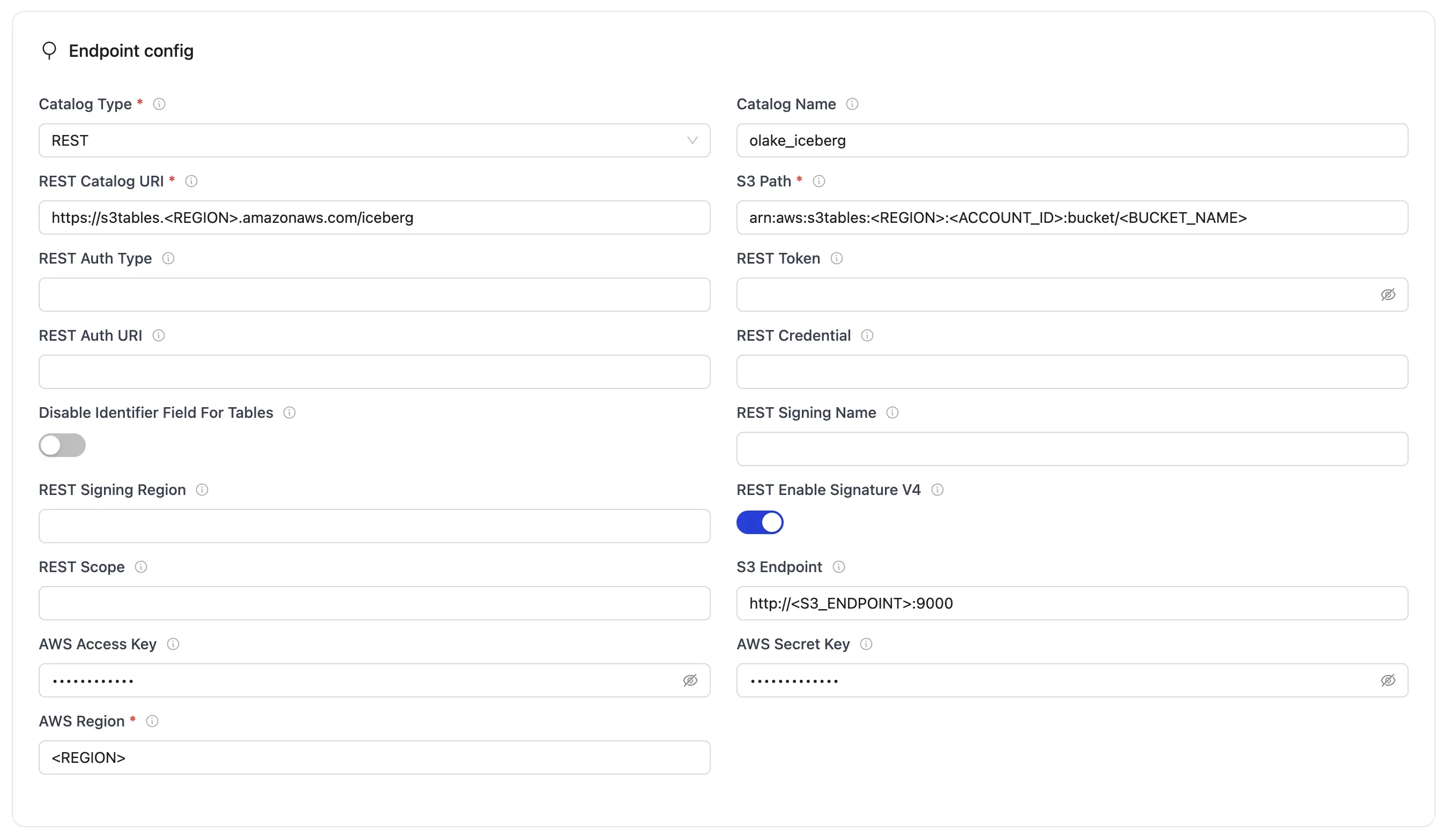 Iceberg REST config form with required fields for Catalog URI, S3 Path, database, AWS credentials, and region