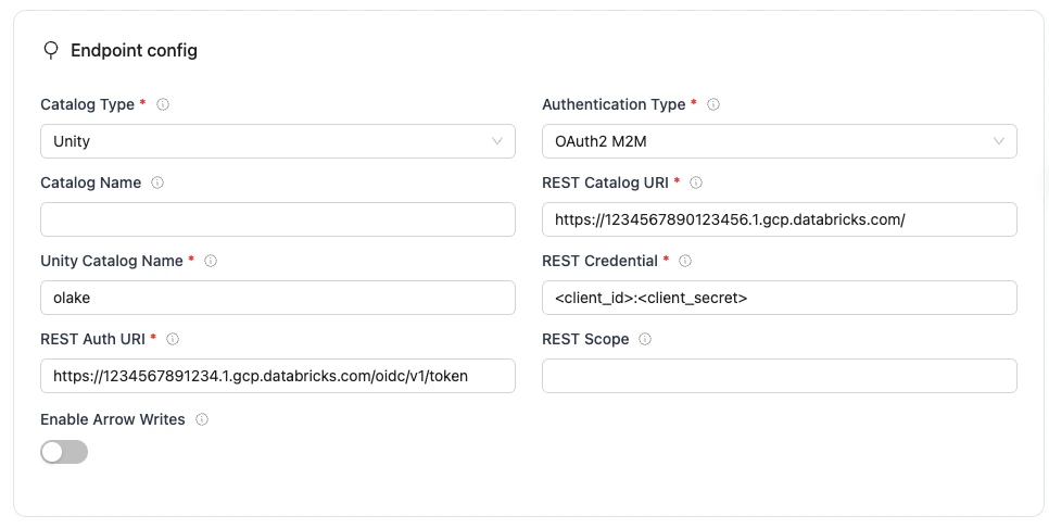 REST endpoint config form with required fields for Iceberg database connection.