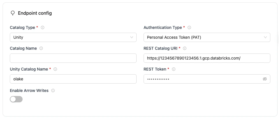 REST endpoint config form with required fields for Iceberg database connection.