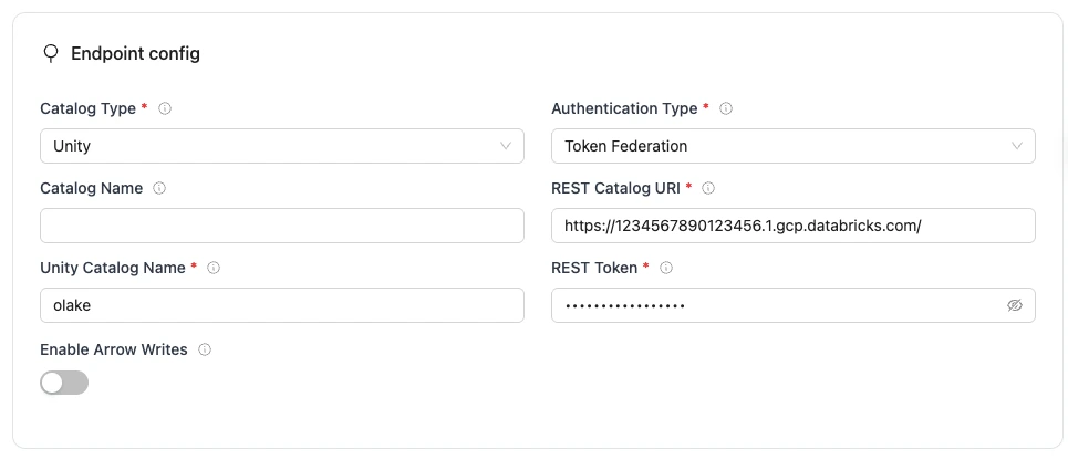 REST endpoint config form with required fields for Iceberg database connection.