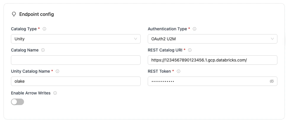 REST endpoint config form with required fields for Iceberg database connection.