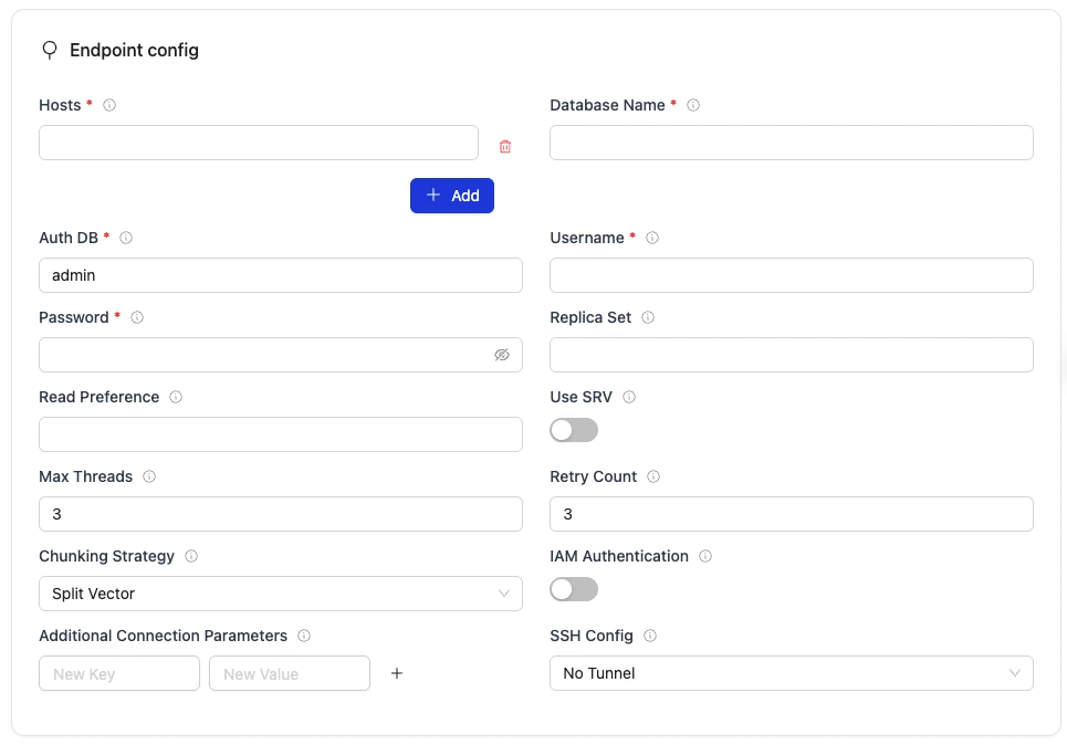 OLake MongoDB source setup form with connection and auth fields