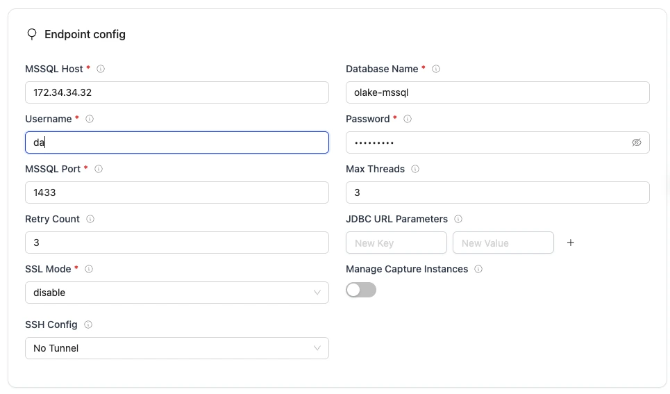 Form for creating a Postgres source in OLake, showing fields for endpoint configuration, authentication, and connection options