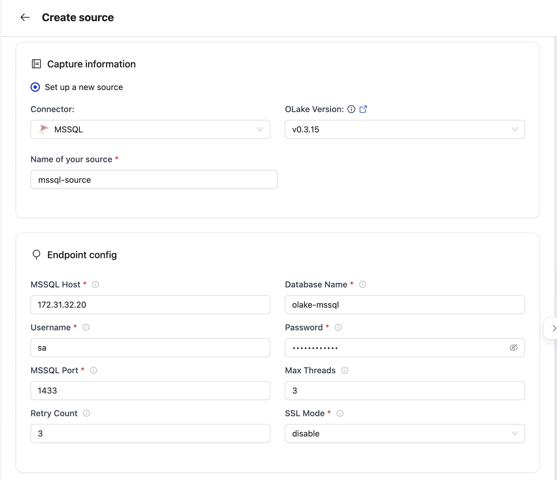 Form for creating a Postgres source in OLake, showing fields for endpoint configuration, authentication, and connection options