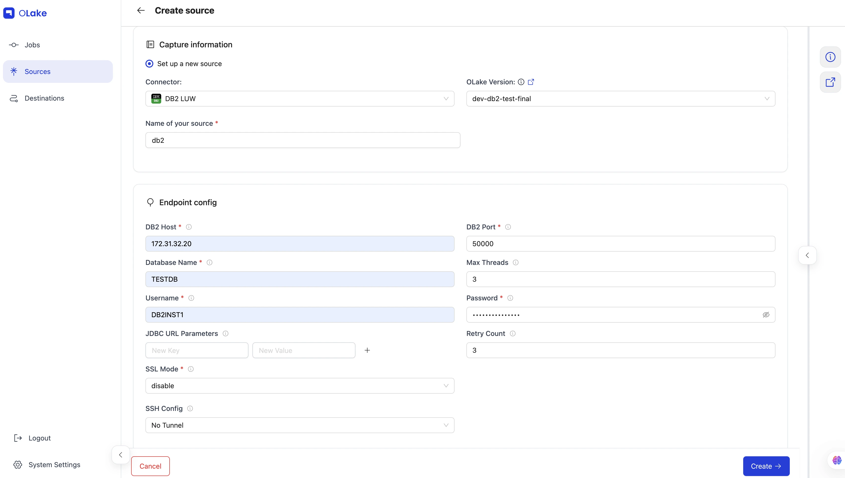 Form for creating a DB2 source in OLake, showing fields for endpoint configuration, authentication, and connection options