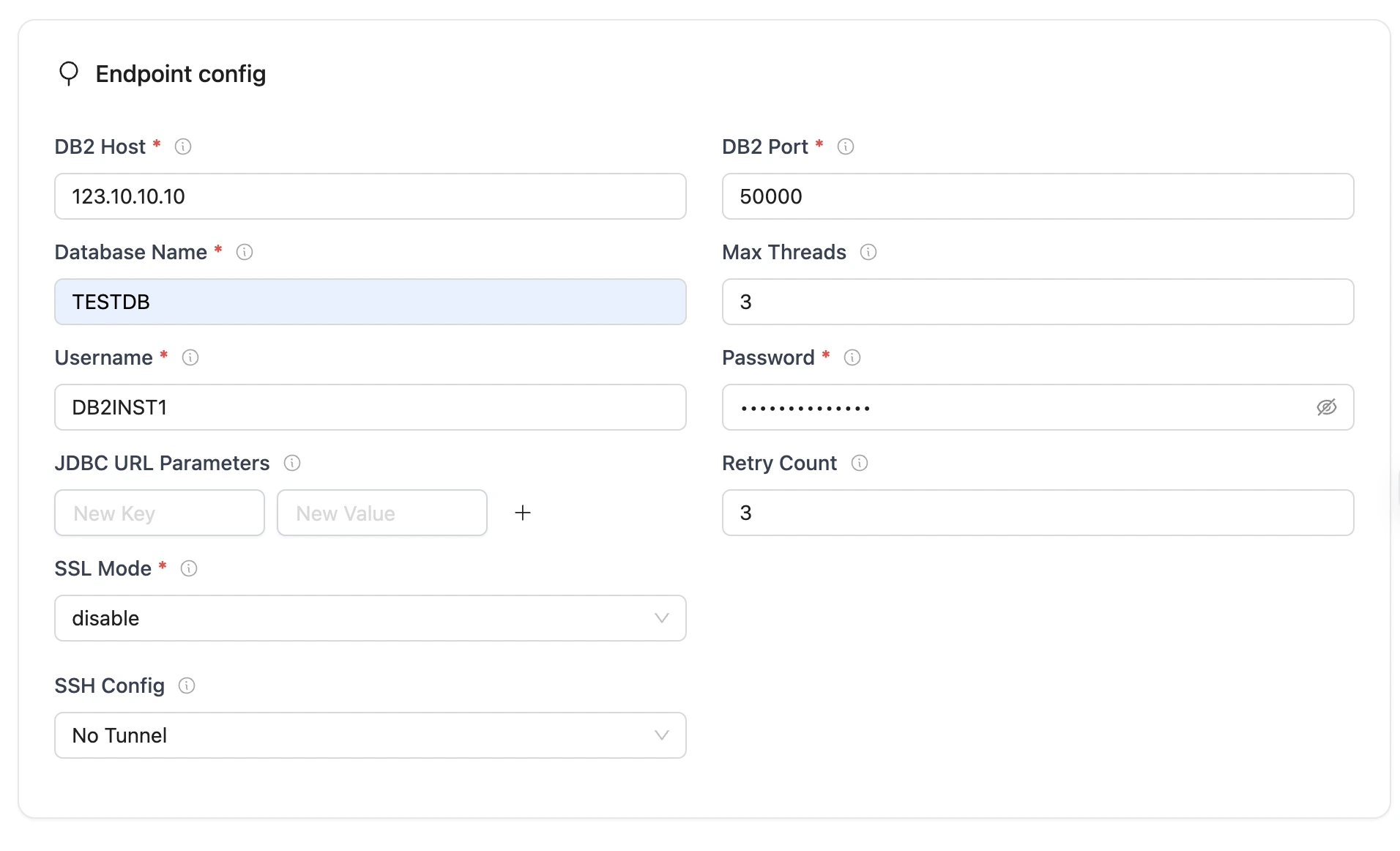 Form for creating a DB2 source in OLake, showing fields for endpoint configuration, authentication, and connection options