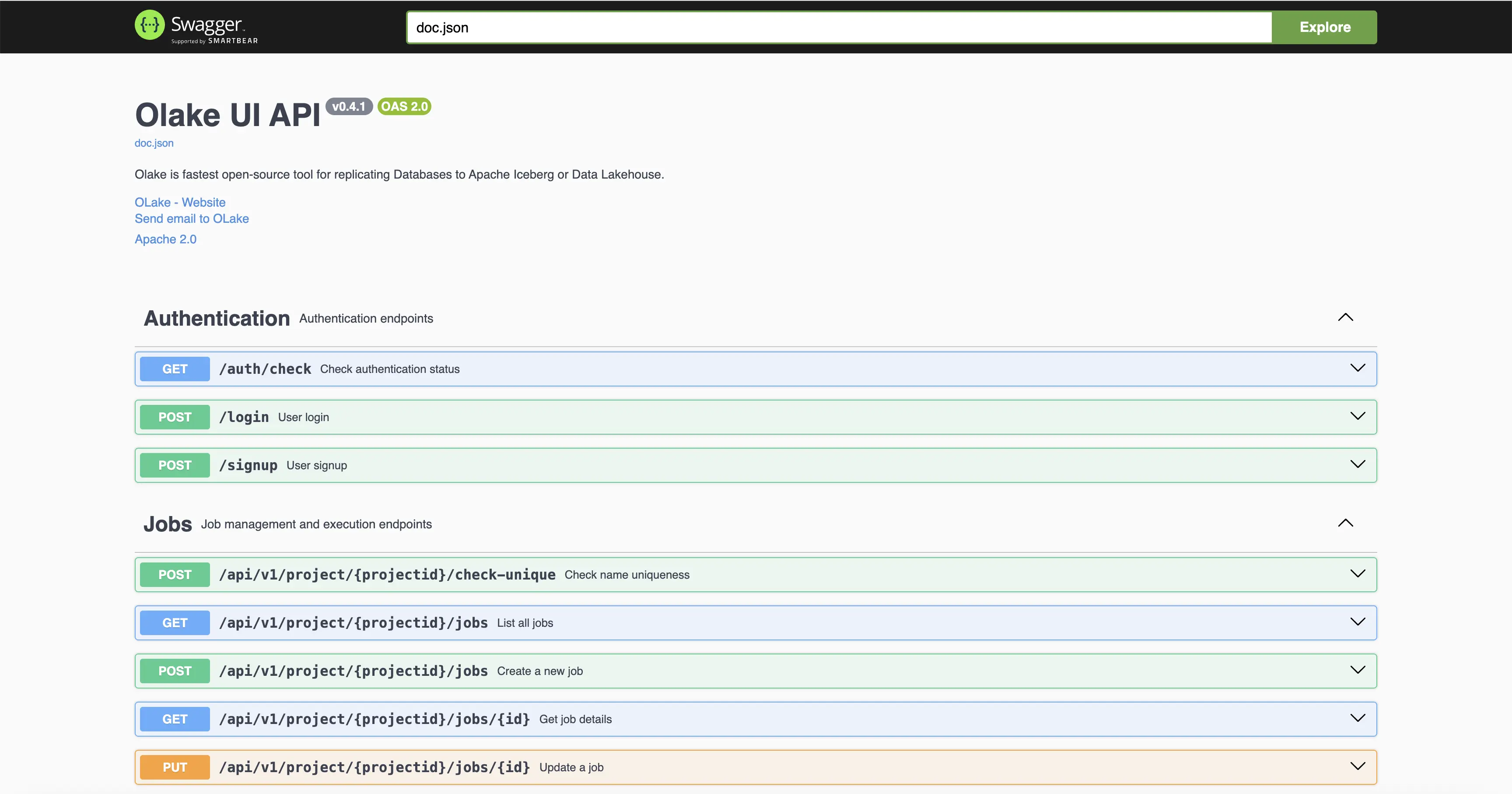 OLake UI Swagger interface