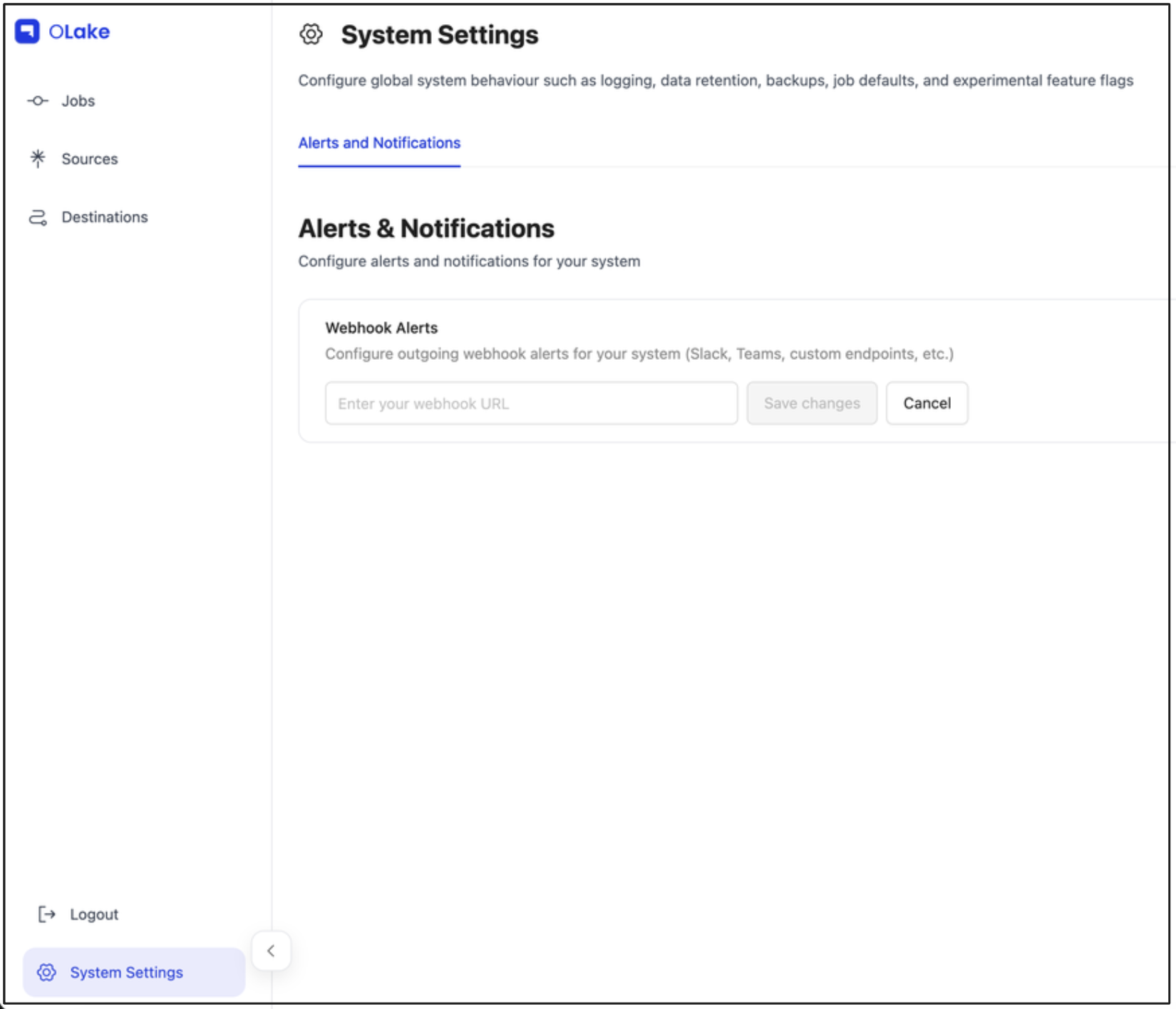 System Settings page showing Alerts and Notifications tab with webhook URL input field