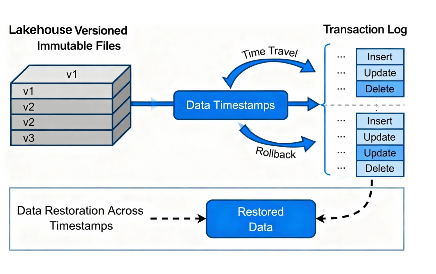 Illustration of time travel feature showing snapshots and version control in Data Lakehouse