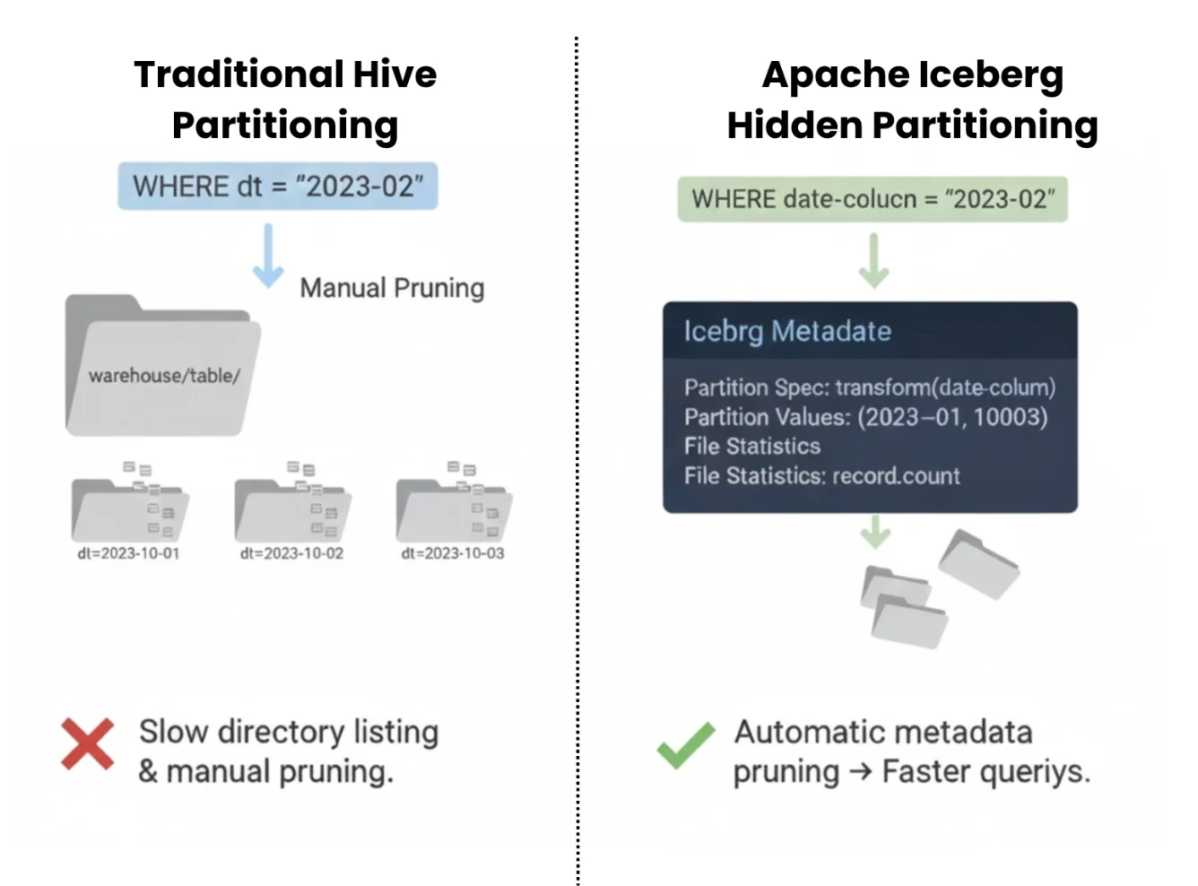 Traditional Hive vs Hidden Partitioning in Iceberg