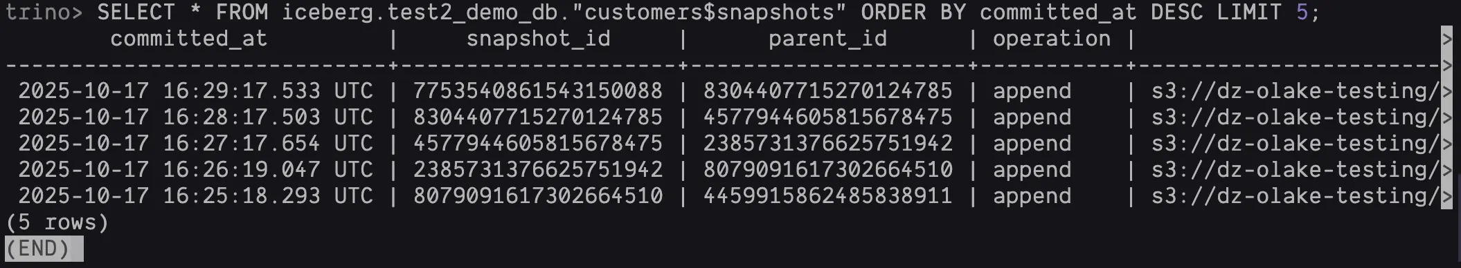 Trino SQL queries for Iceberg snapshots and versioned customer count