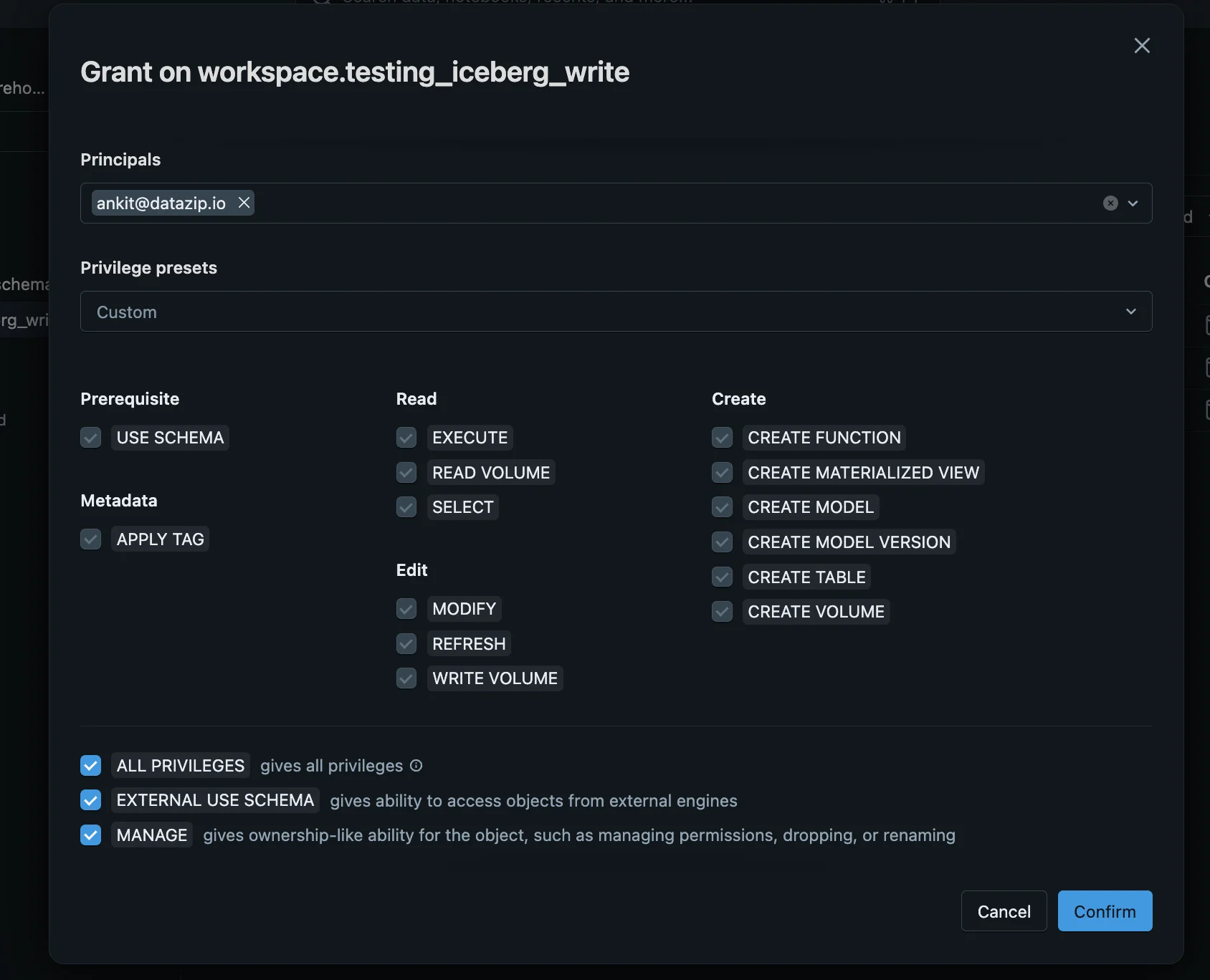 Schema permissions in Databricks Unity Catalog