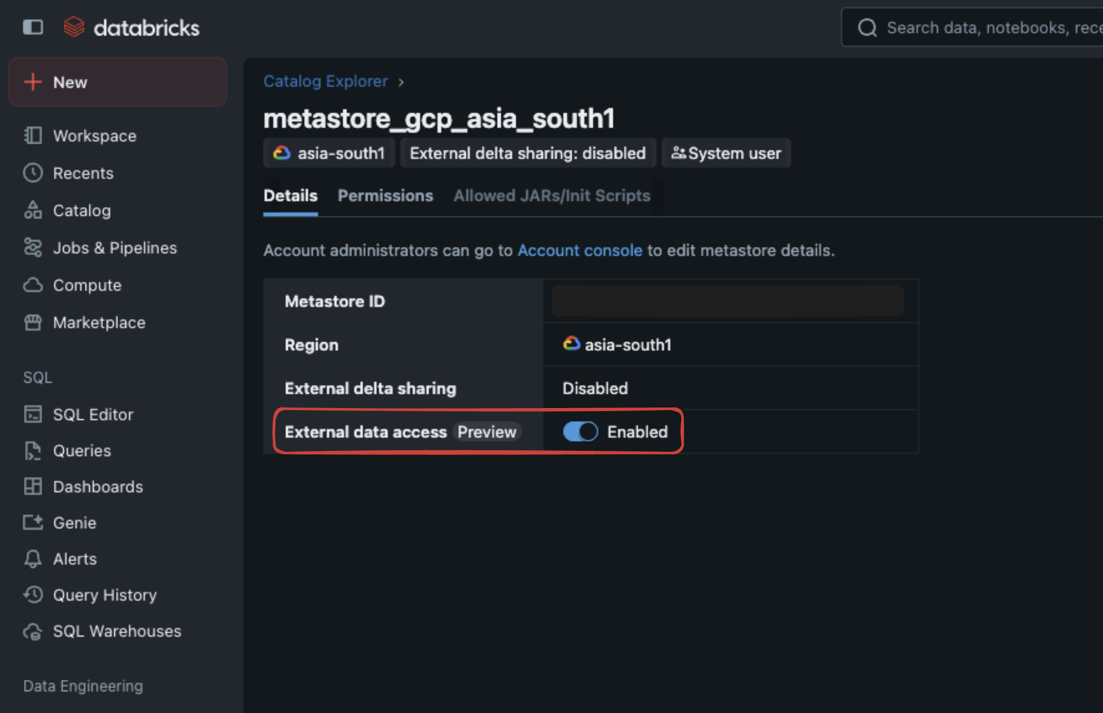 Unity Catalog Metastore External Data Access